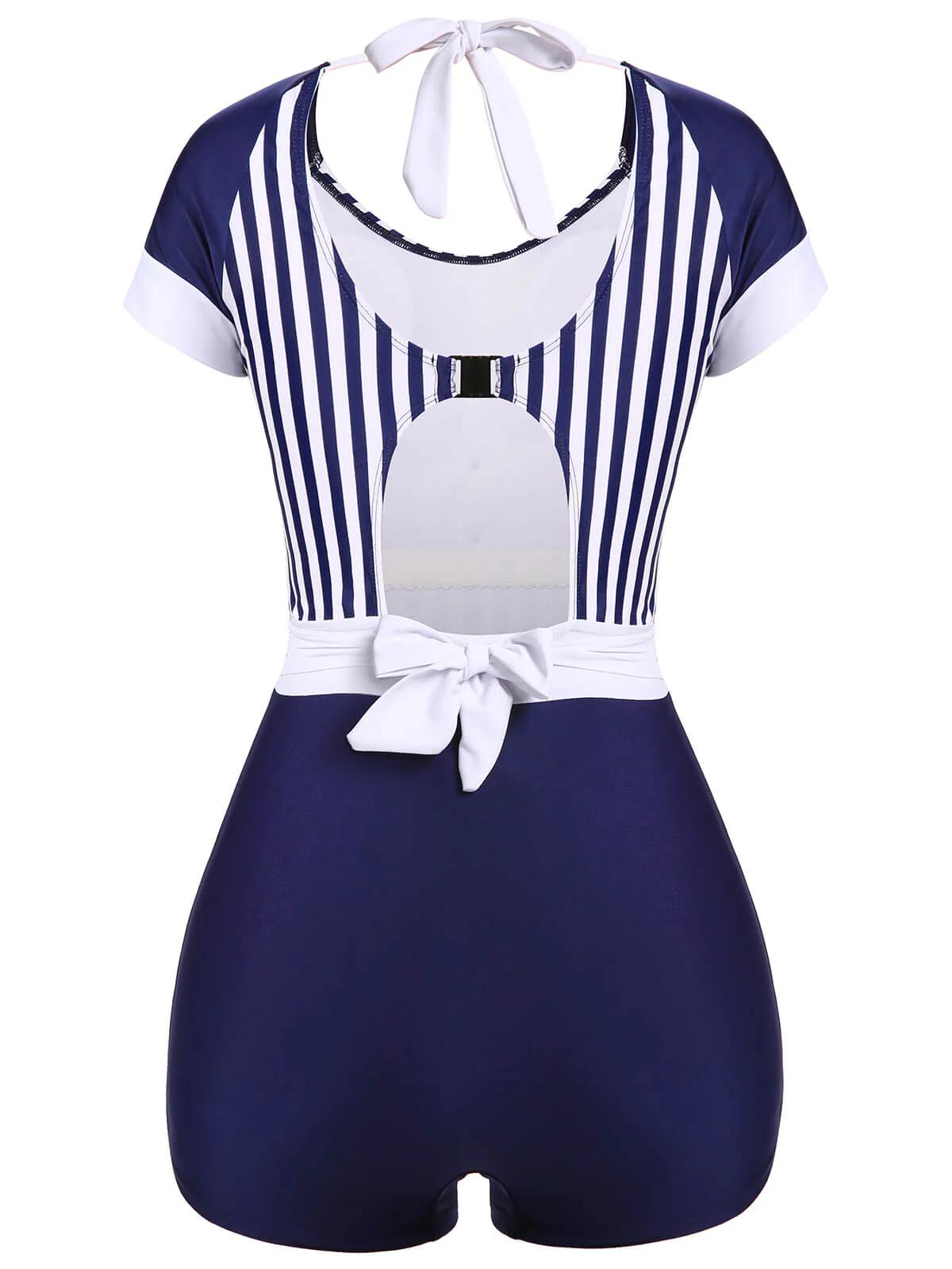 Navy Blue 1930s Stripe Patchwork Swimsuit - Image 4