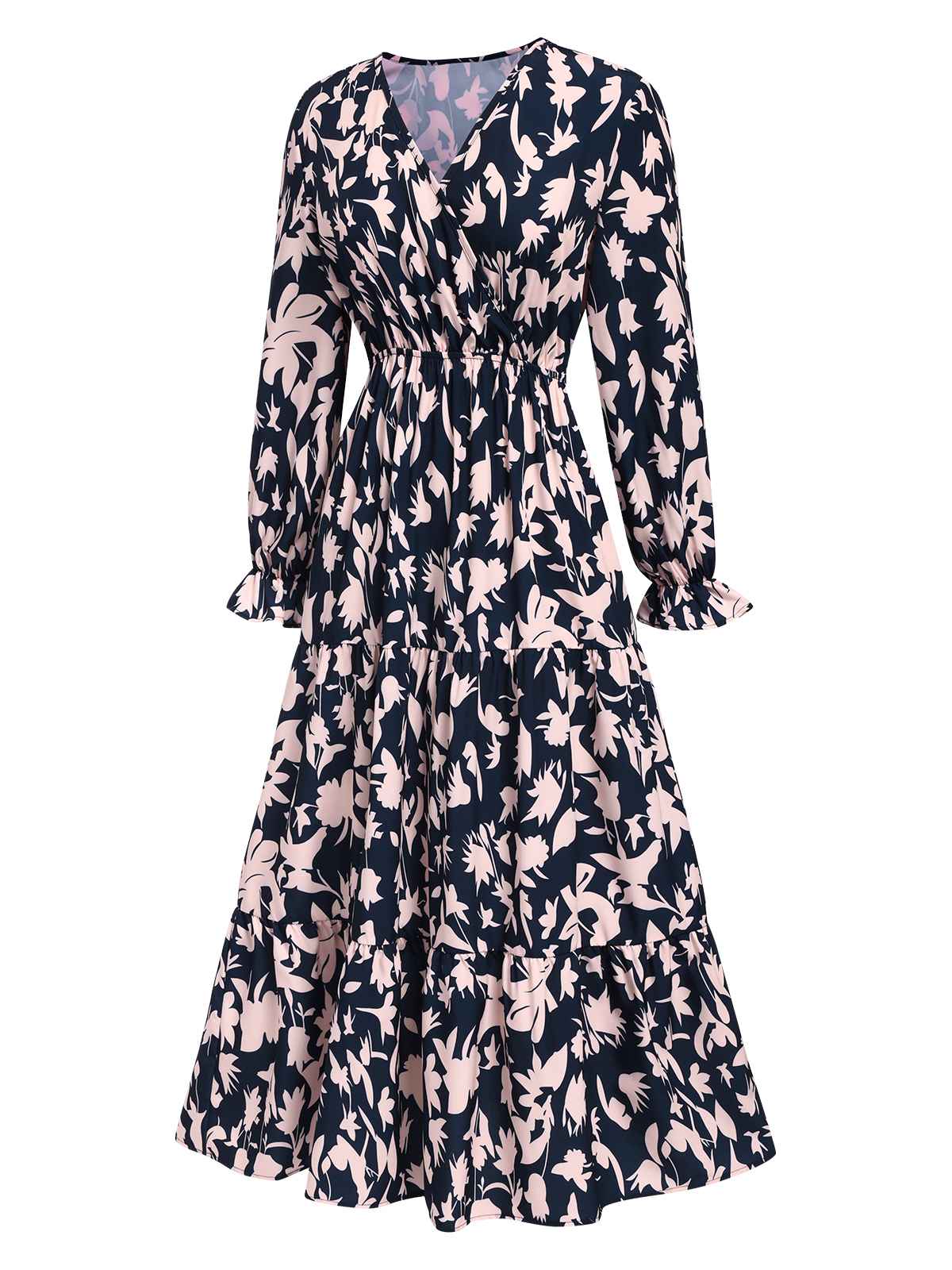 Navy Blue 1930s V-Neck Floral Dress - Image 2