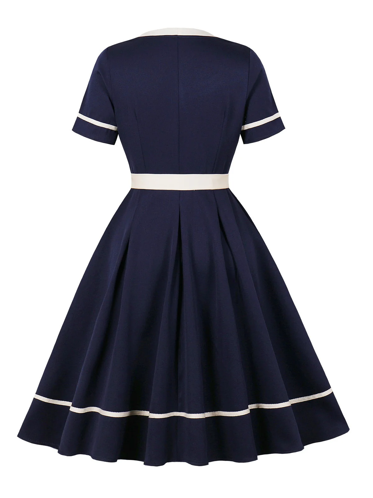 Navy Blue 1950s Nautical Square Neck Belted Dress - Image 2