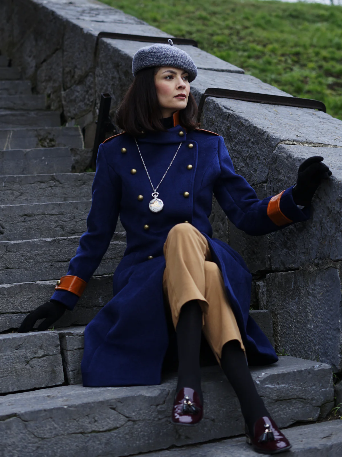 Navy Blue 1950s Patchwork Button Coat - Image 3