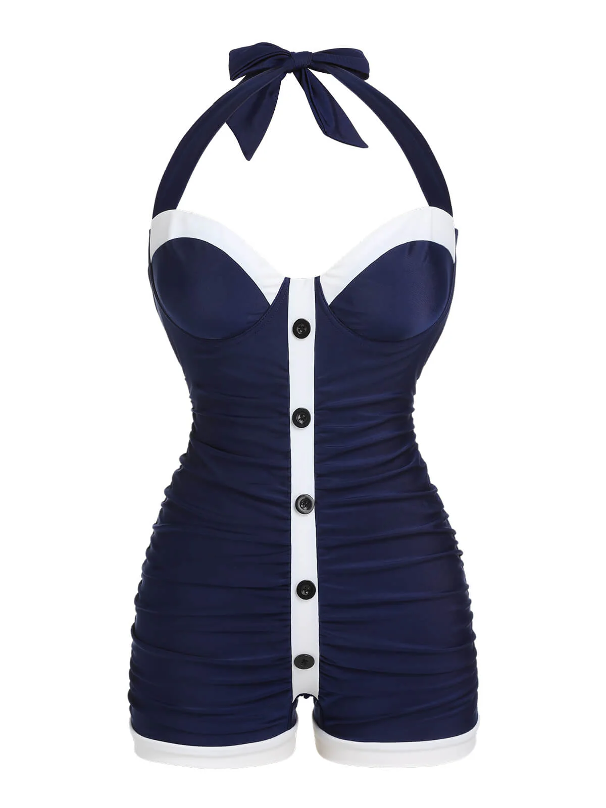 Navy Blue 1950s Pleated Halter Swimsuit - Image 2
