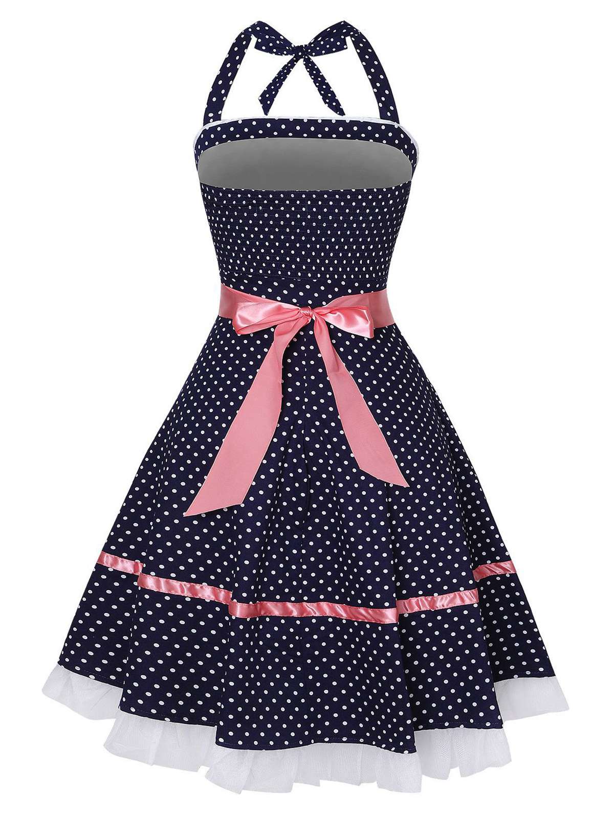 Navy Blue 1950s Polka Dot Halter Dress - Image 2