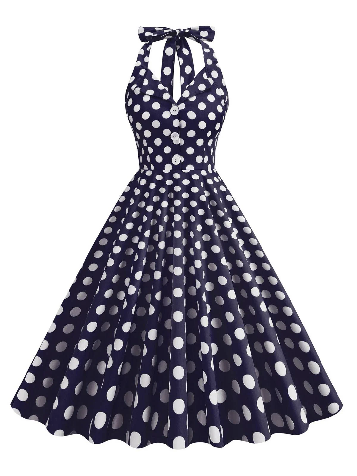 Navy Blue 1950s Polka Dot Halter Dress - Image 2