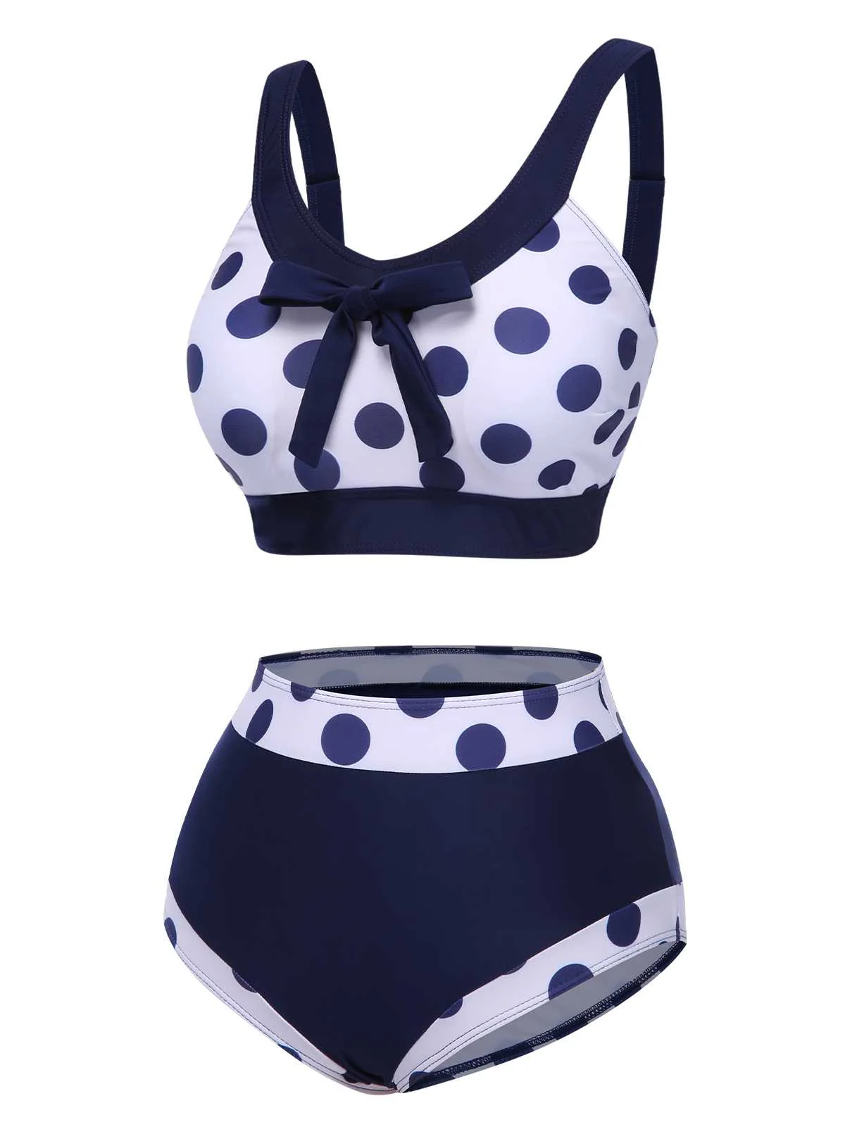 Navy Blue 1950s Polka Dots High-Waist Swimsuit - Image 2