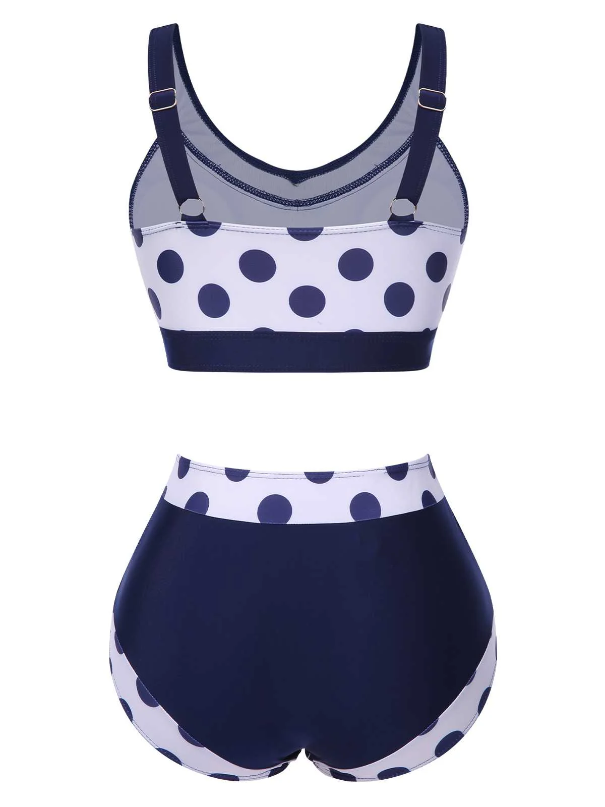 Navy Blue 1950s Polka Dots High-Waist Swimsuit - Image 3