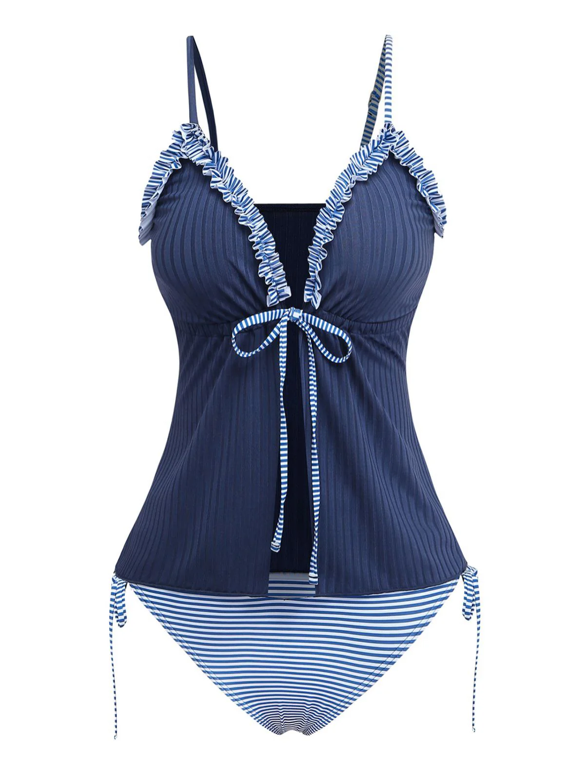 Navy Blue 1950s Ruffled Striped Tie Front Tankini Set - Image 2