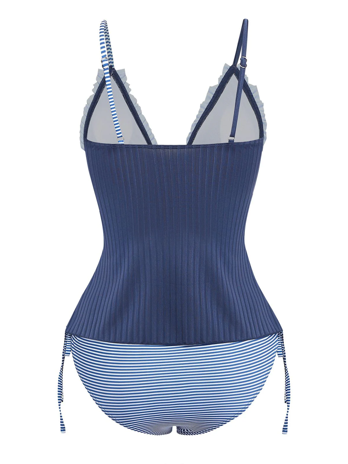 Navy Blue 1950s Ruffled Striped Tie Front Tankini Set - Image 3