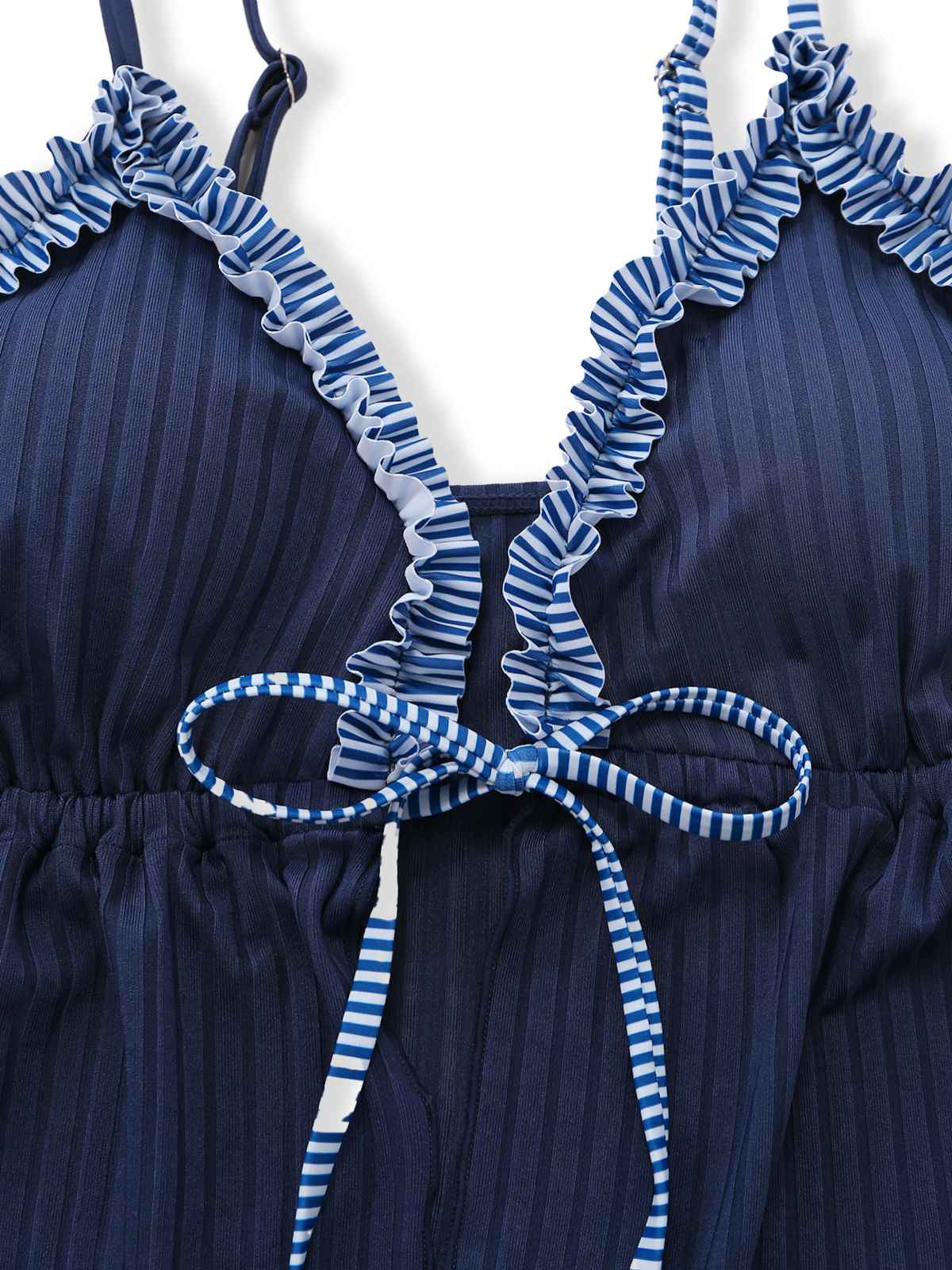 Navy Blue 1950s Ruffled Striped Tie Front Tankini Set - Image 4