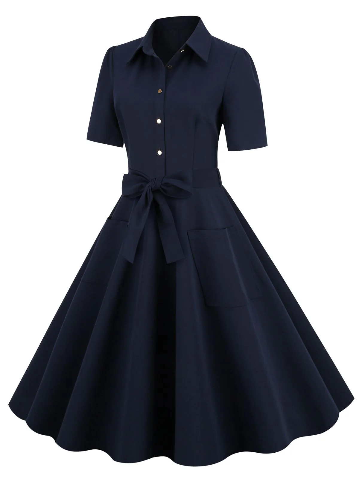 Navy Blue 1950s Solid Belt Swing Dress - Image 2