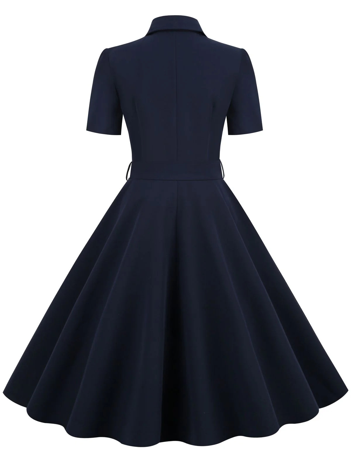 Navy Blue 1950s Solid Belt Swing Dress - Image 3
