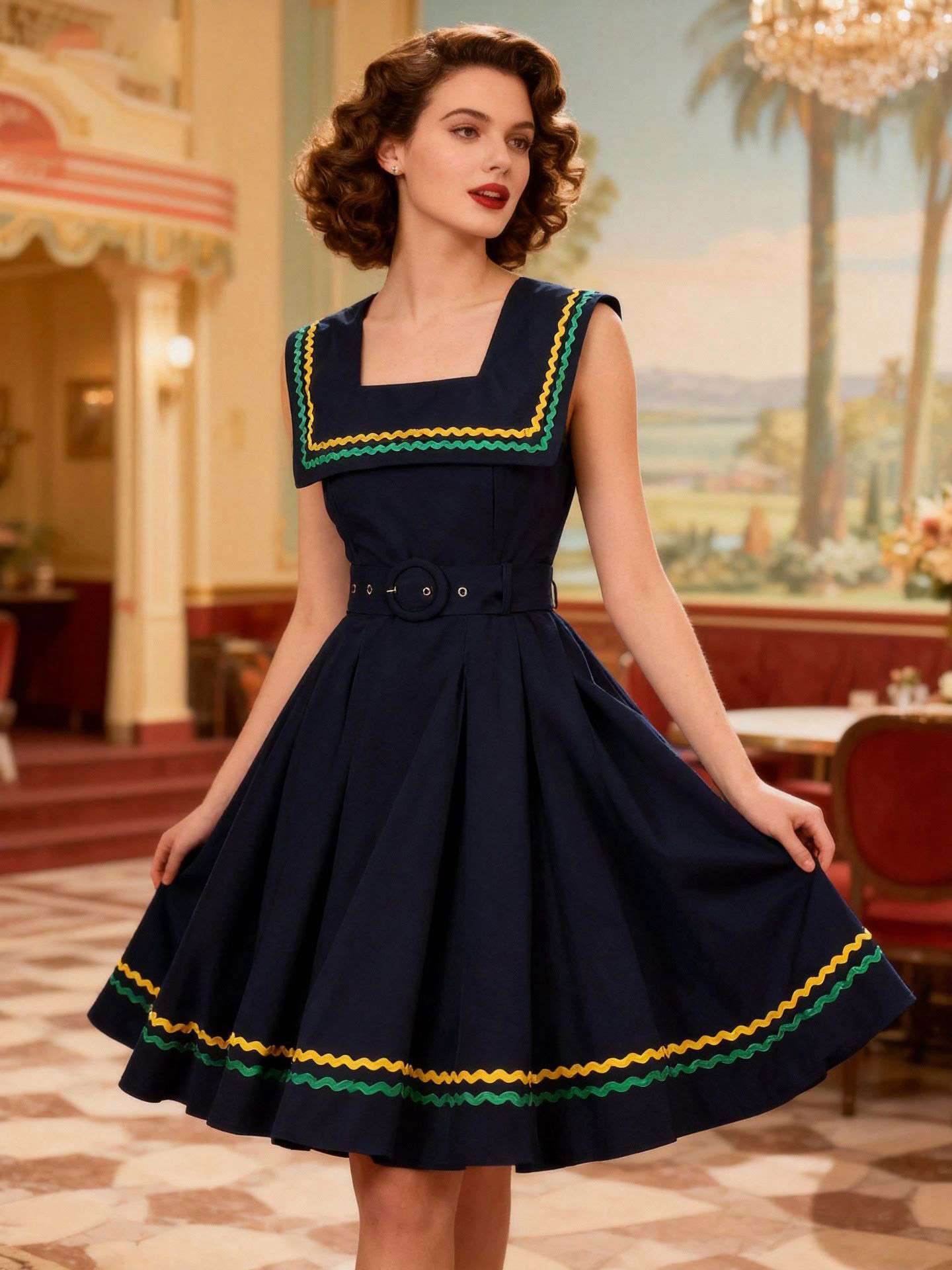 Navy Blue 1950s Square Neck Wavy Striped Sleeveless Dress - Image 2