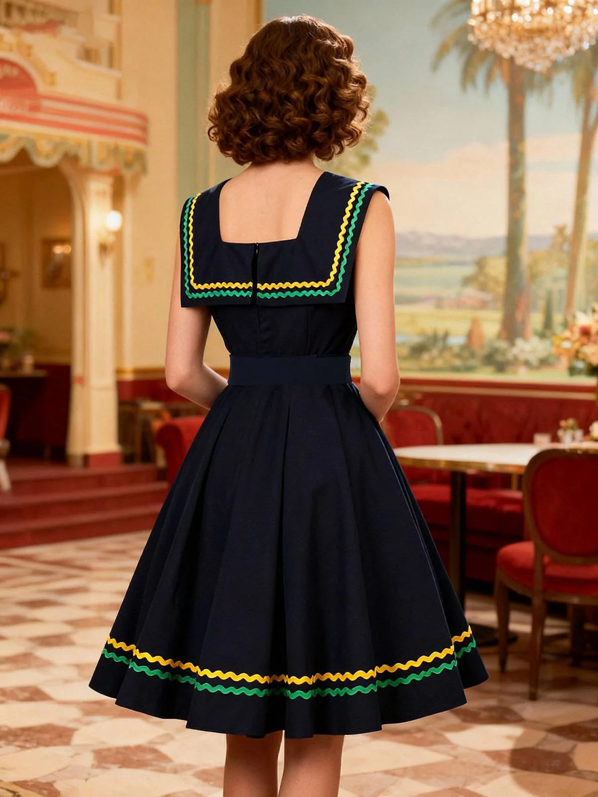 Navy Blue 1950s Square Neck Wavy Striped Sleeveless Dress - Image 3