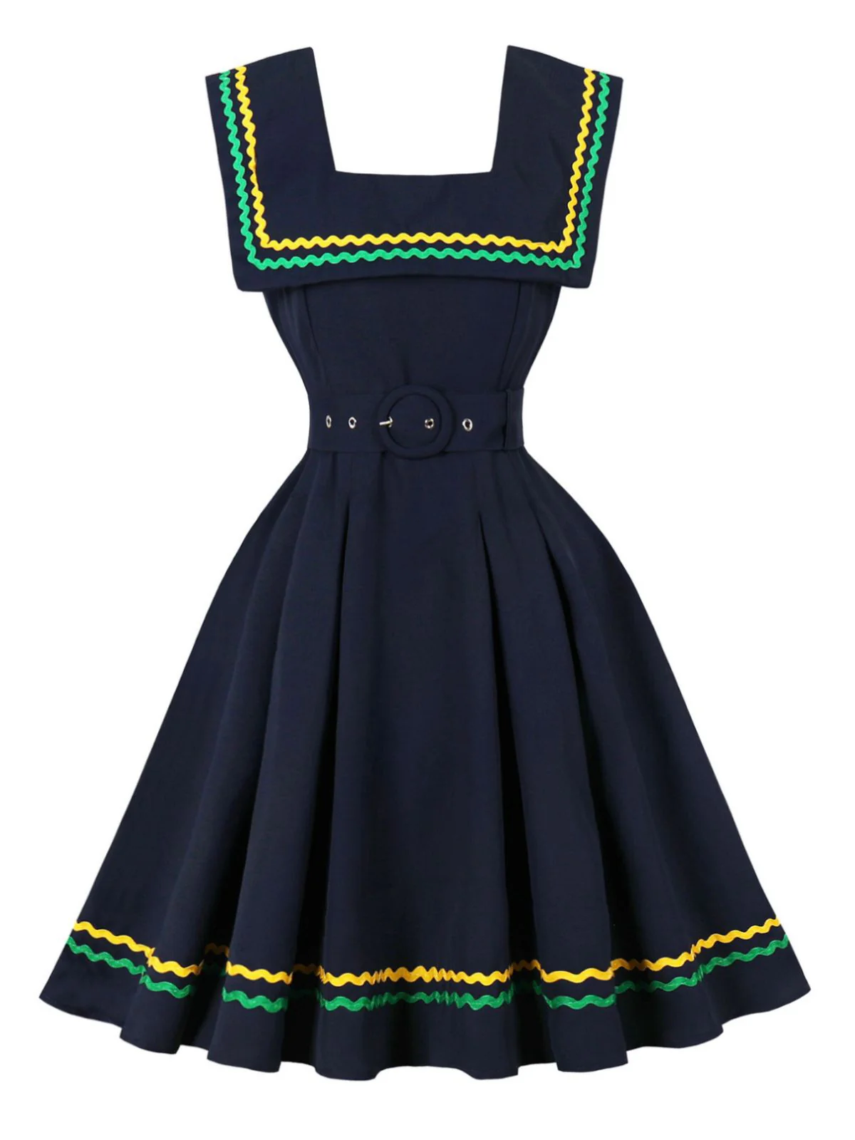 Navy Blue 1950s Square Neck Wavy Striped Sleeveless Dress - Image 4