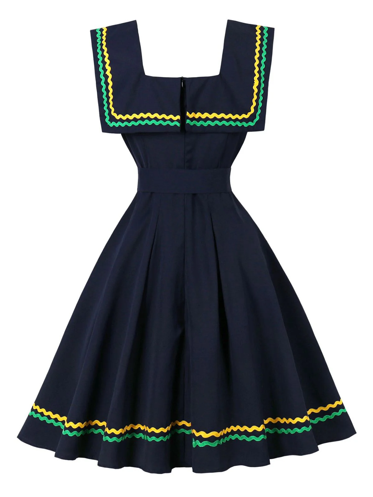 Navy Blue 1950s Square Neck Wavy Striped Sleeveless Dress - Image 5