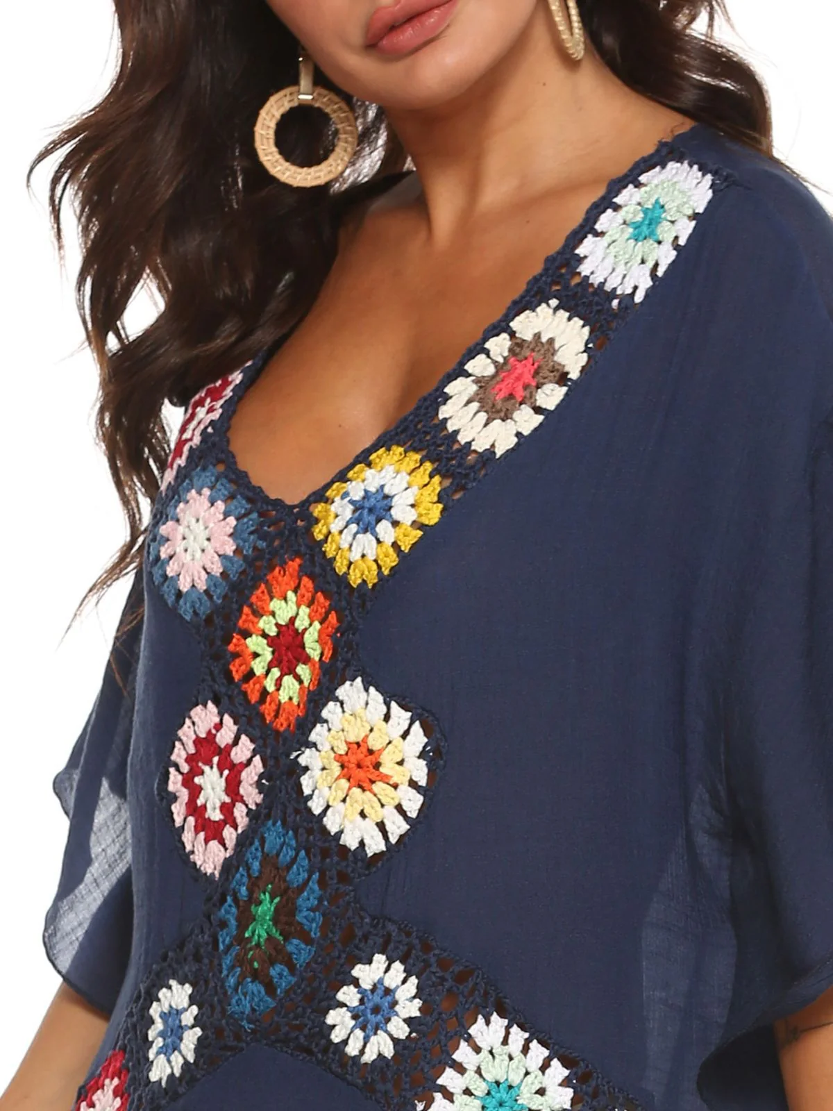 Navy Blue 1970s Boho Crochet Granny Square Cover-up - Image 3