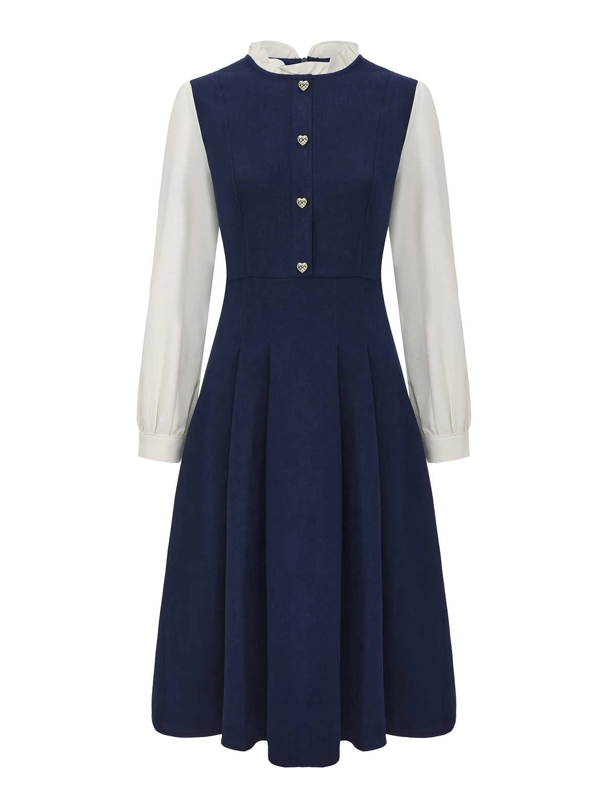 Navy Blue 1980s Ruffle Collar Heart Buttons Dress - Image 2