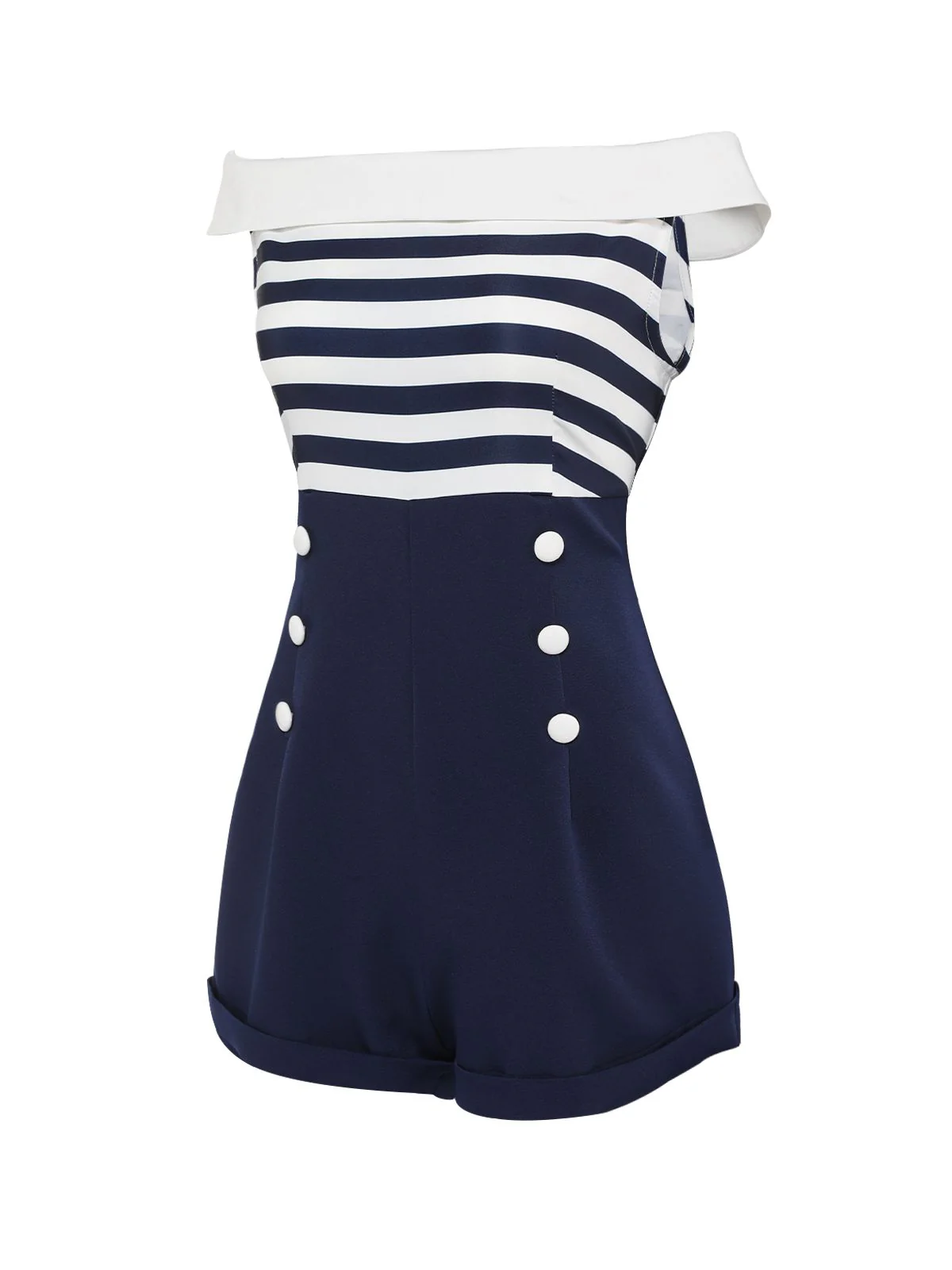 Navy Blue 1950s Patchwork Off-shoulder Striped Romper - Image 3