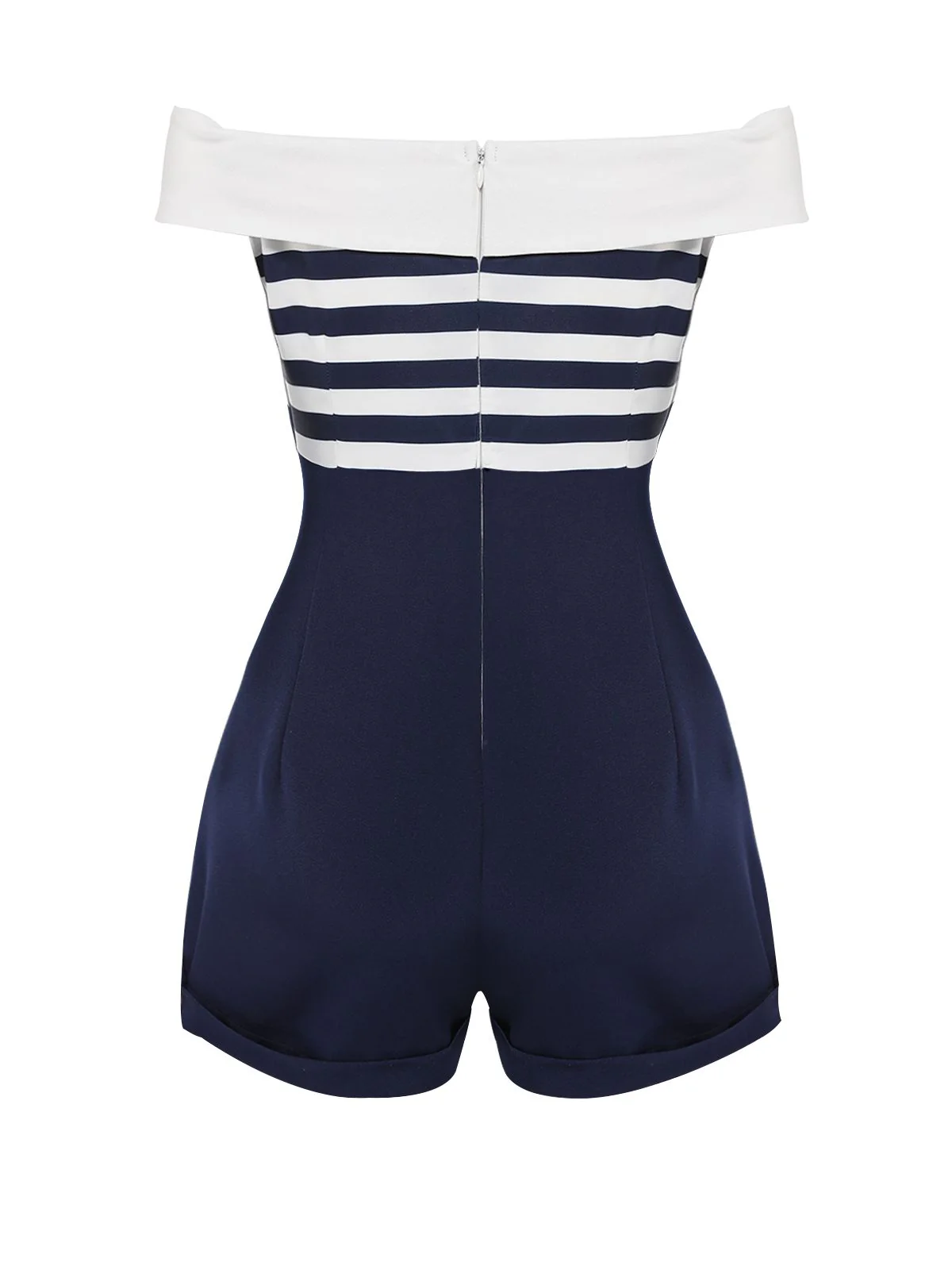Navy Blue 1950s Patchwork Off-shoulder Striped Romper - Image 4
