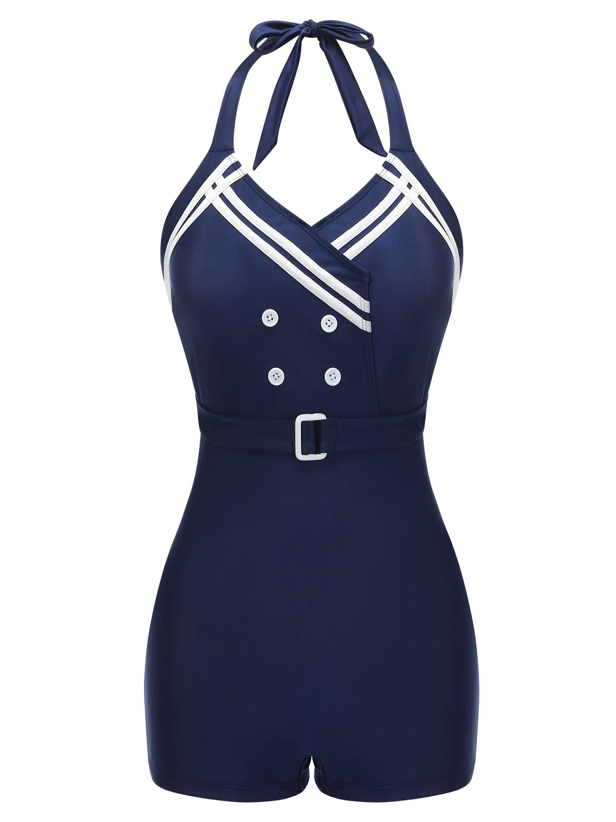 Navy Blue 1950s Solid Belt Button Halter Swimsuit - Image 2