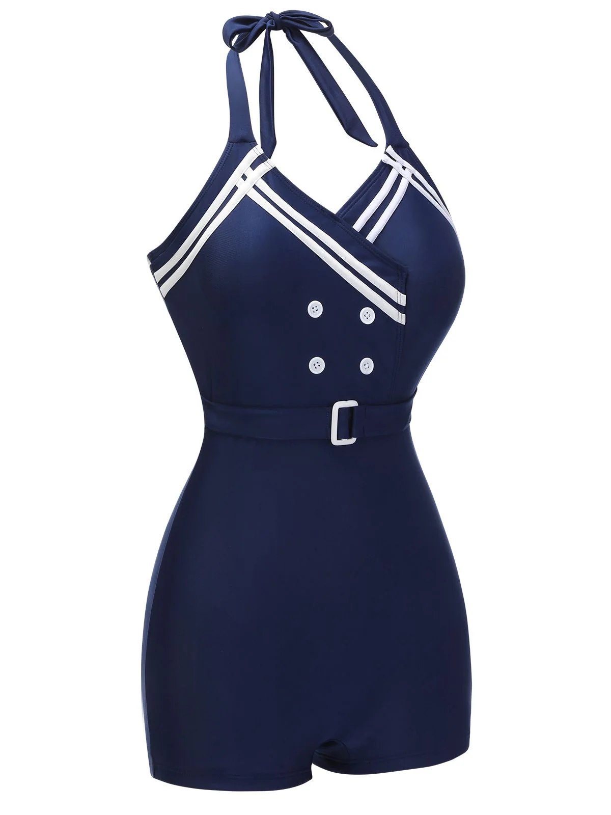 Navy Blue 1950s Solid Belt Button Halter Swimsuit - Image 3