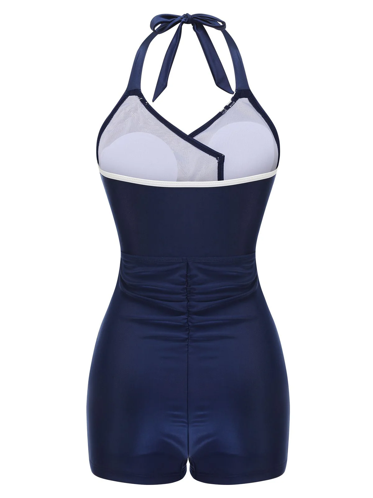 Navy Blue 1950s Solid Belt Button Halter Swimsuit - Image 4