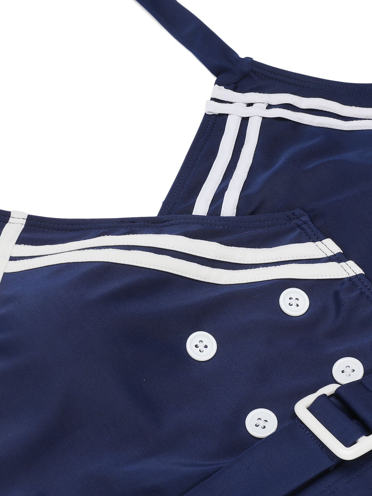 Navy Blue 1950s Solid Belt Button Halter Swimsuit - Image 5
