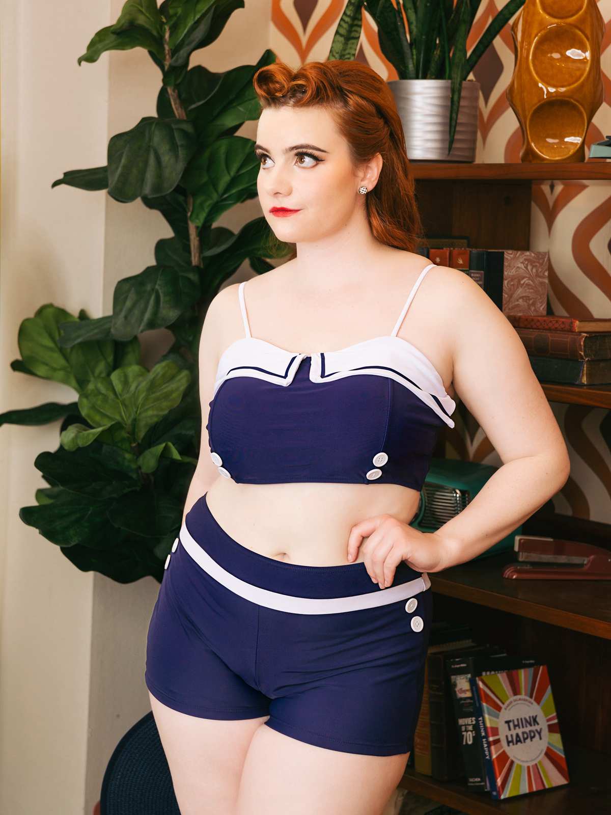 Navy Blue 1950s Spaghetti Buttons Swimsuit - Image 2