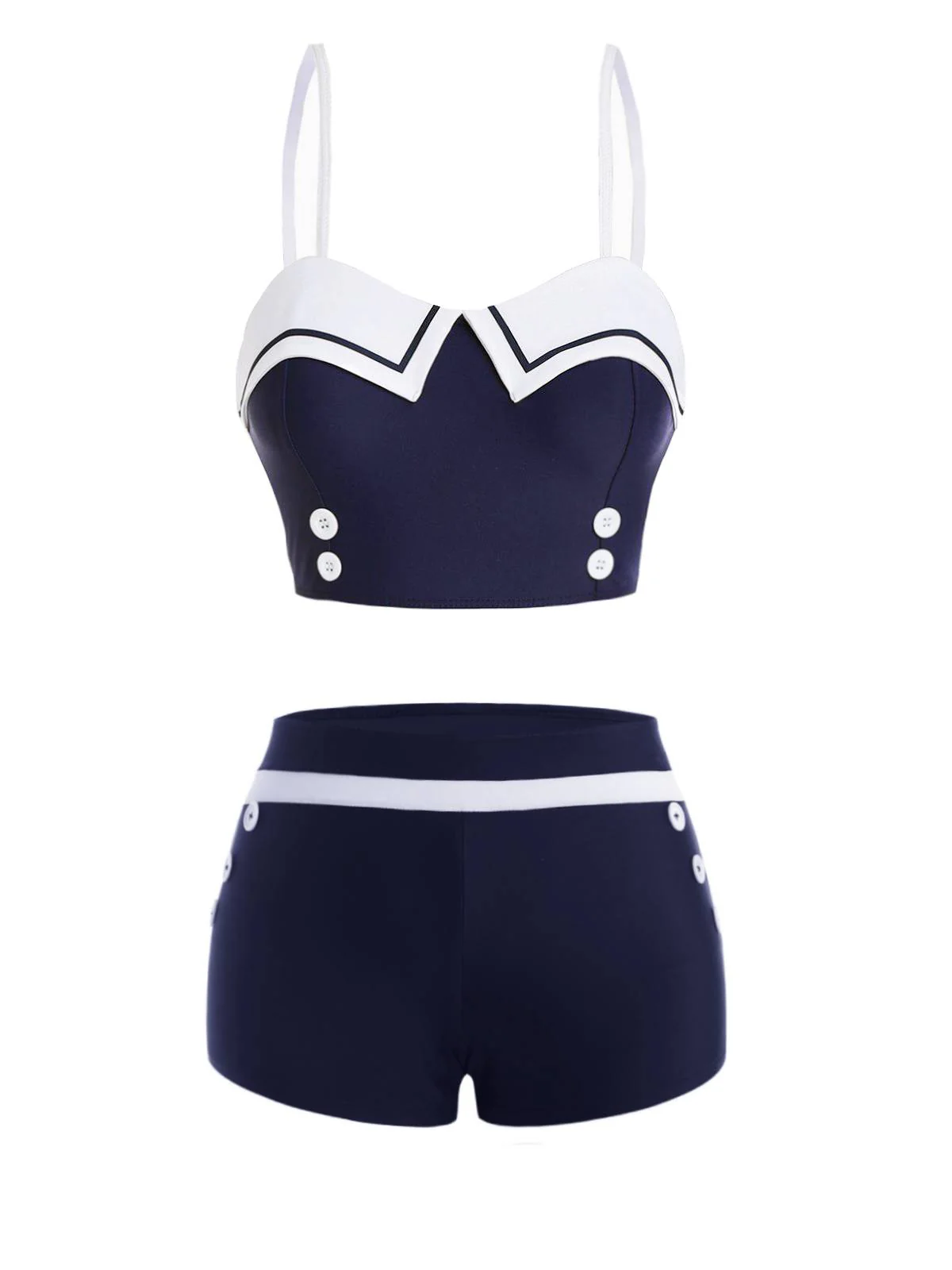 Navy Blue 1950s Spaghetti Buttons Swimsuit - Image 5