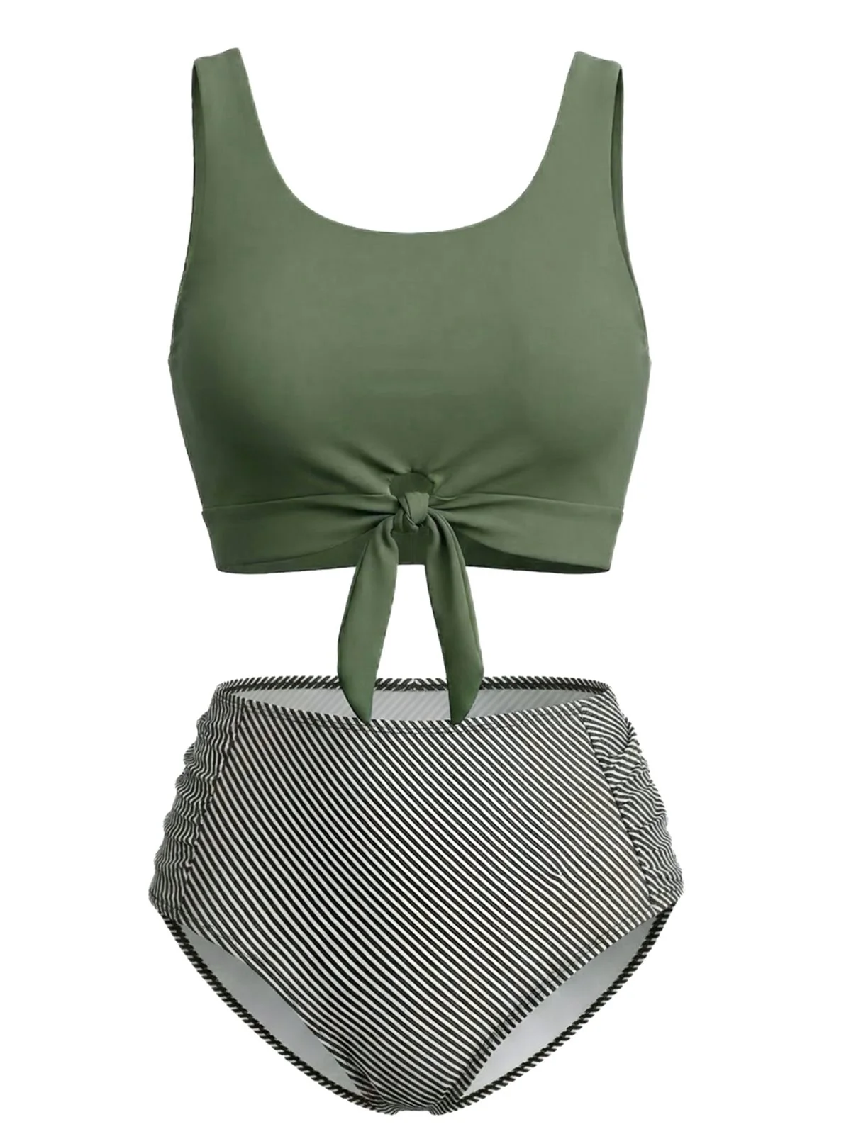 Olive Green 1940s Tie Front High-Waist Tankini Set - Image 2