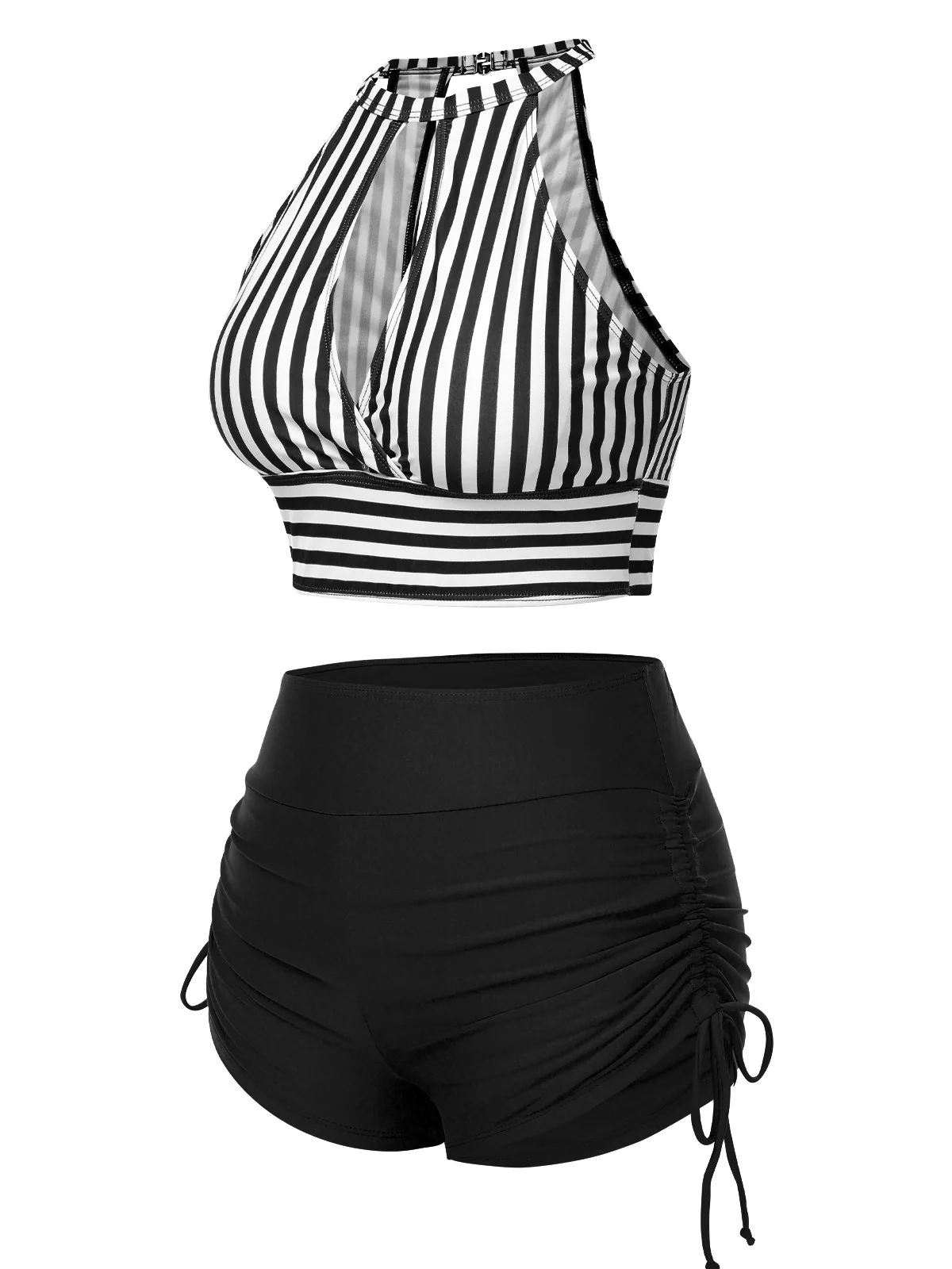 1950s Round Neck Halter Hollow Striped Swimsuit - Image 2