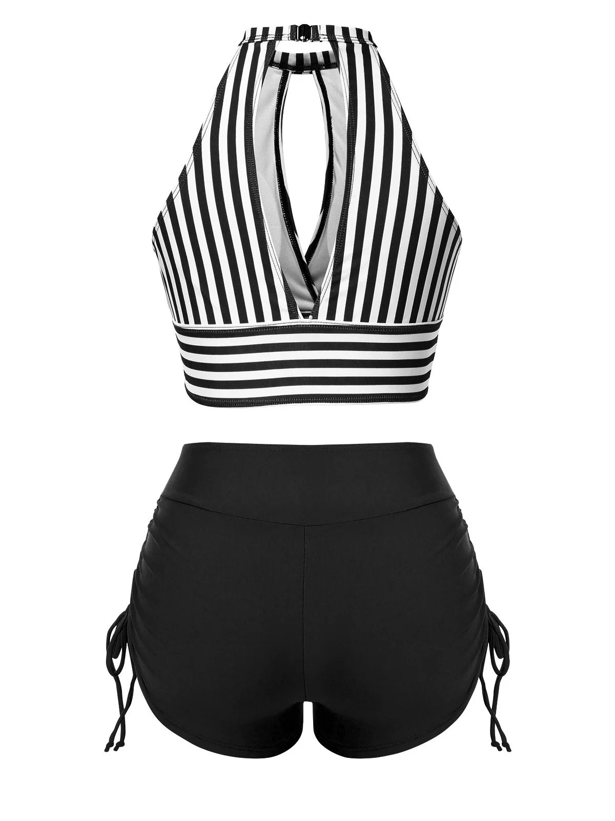 1950s Round Neck Halter Hollow Striped Swimsuit - Image 3