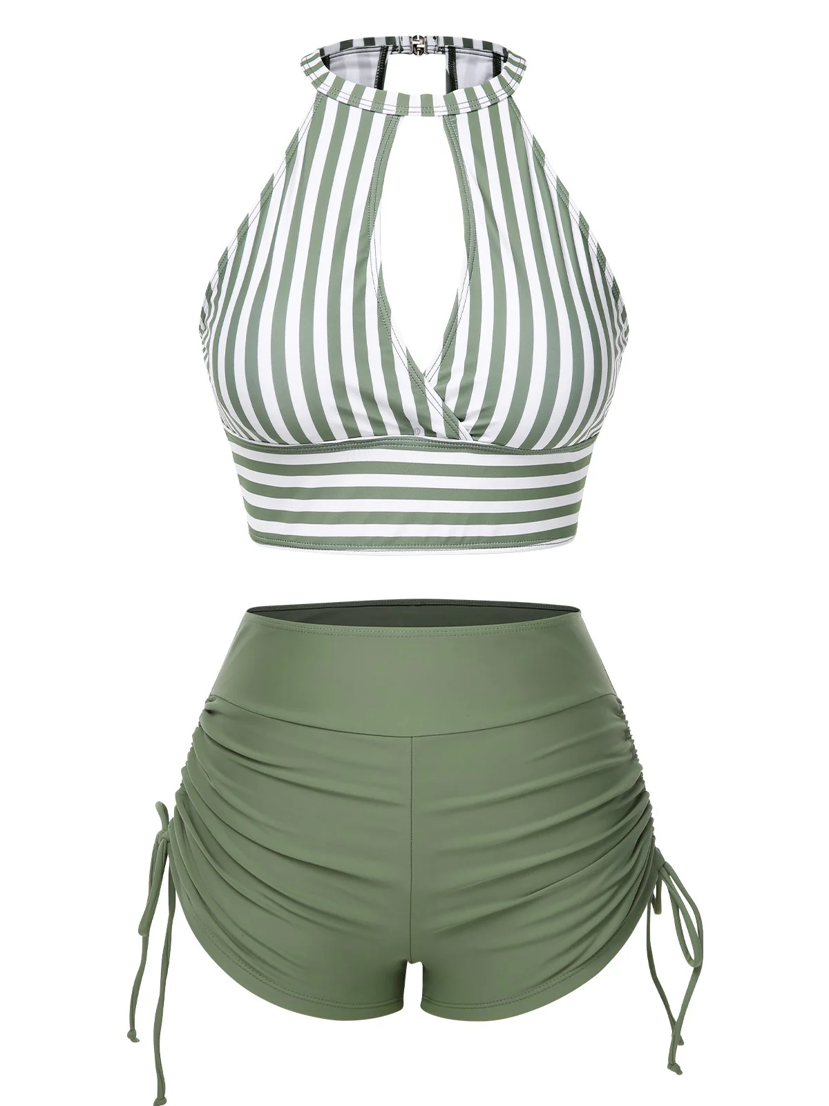 1950s Round Neck Halter Hollow Striped Swimsuit - Image 4