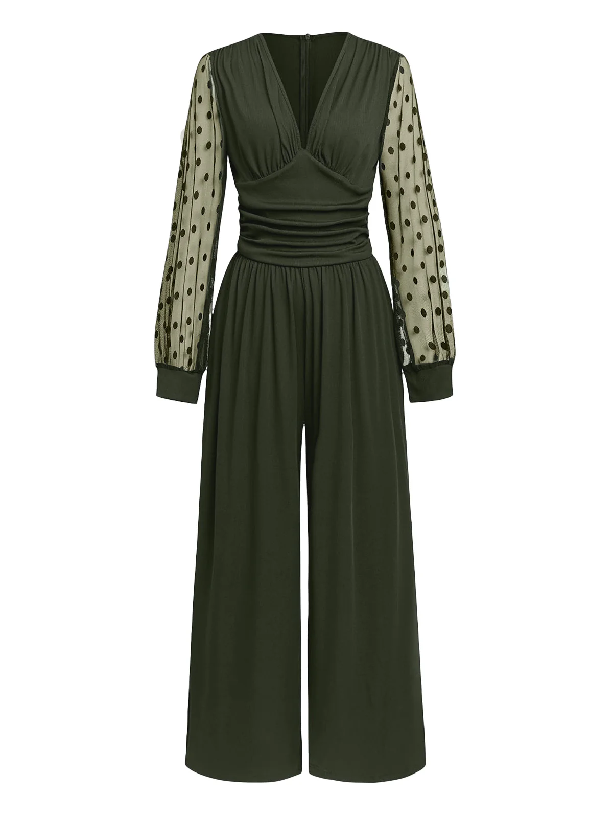 Olive Green 1950s V-Neck Sheer Polka Dot Sleeve Jumpsuit - Image 2