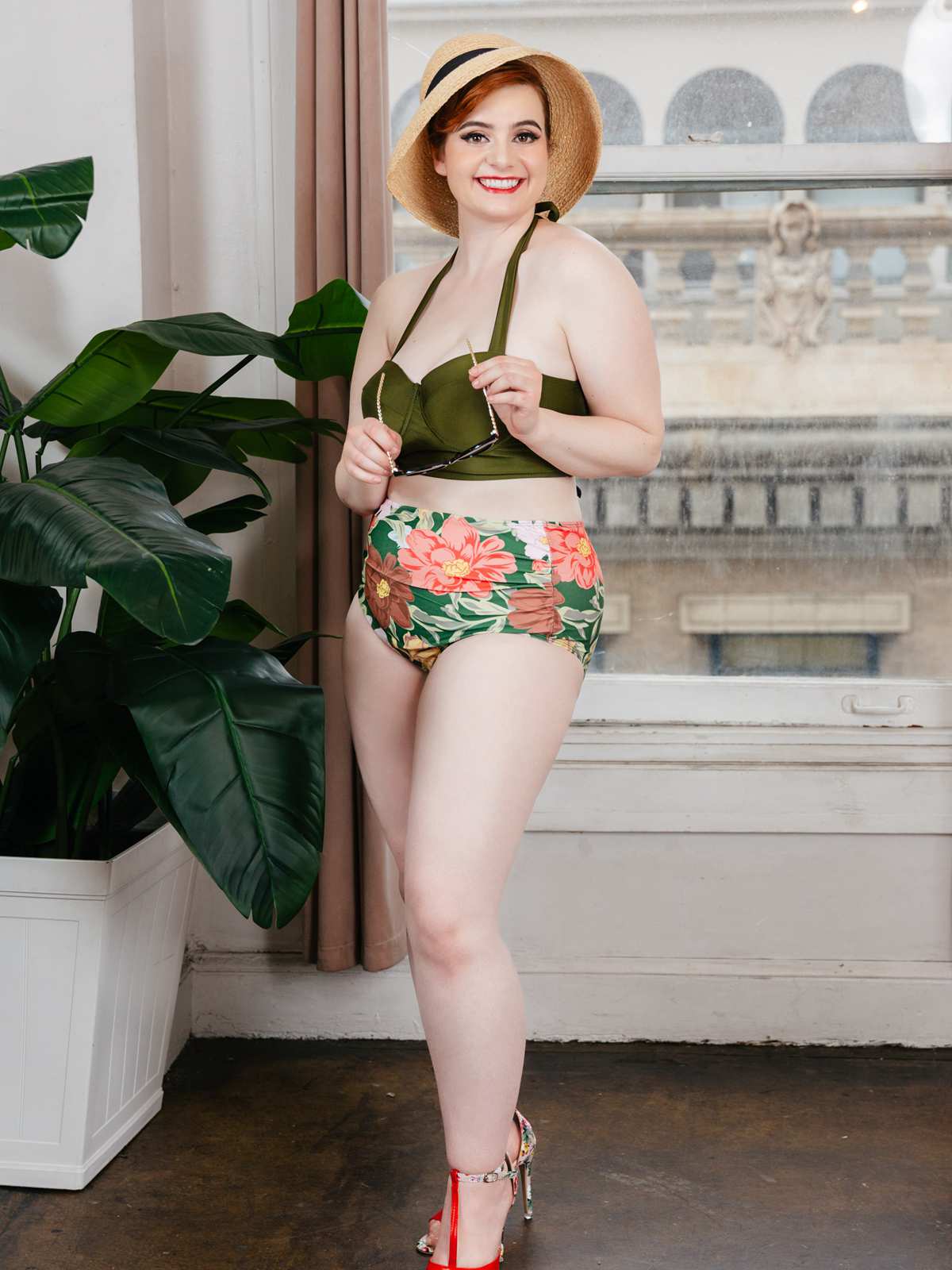 Olive Lace-Up Halter Flowers Bikini Set - Image 3