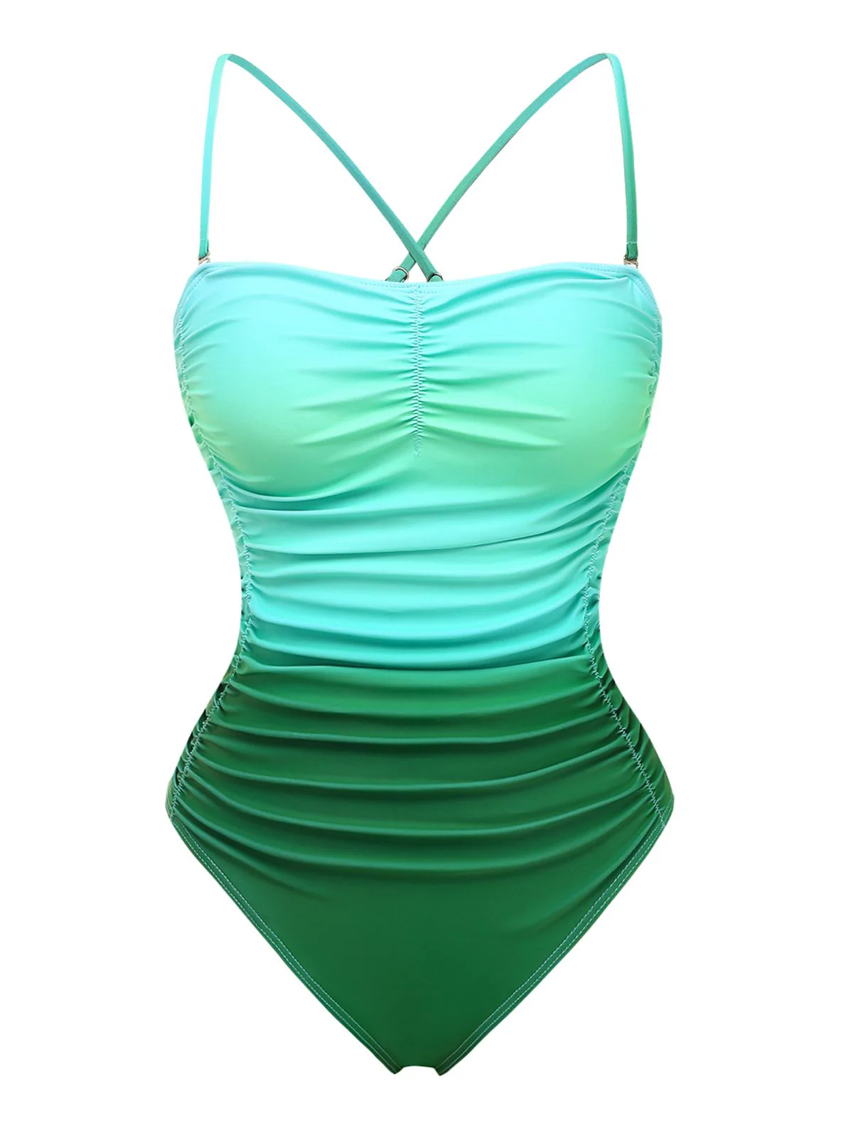 Ombre Green 1930s Ruched One-Piece Swimsuit - Image 2