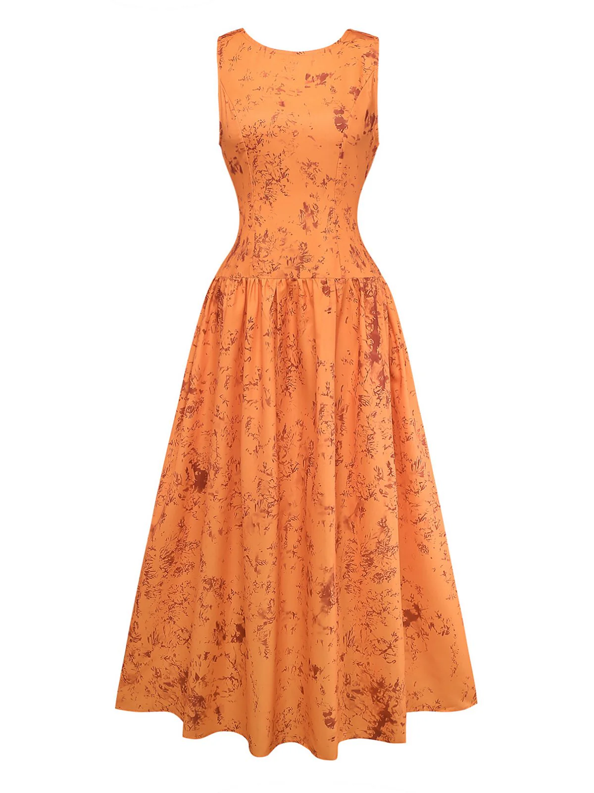 Orange 1930s Cotton Sleeveless Printed Fitted Dress - Image 2