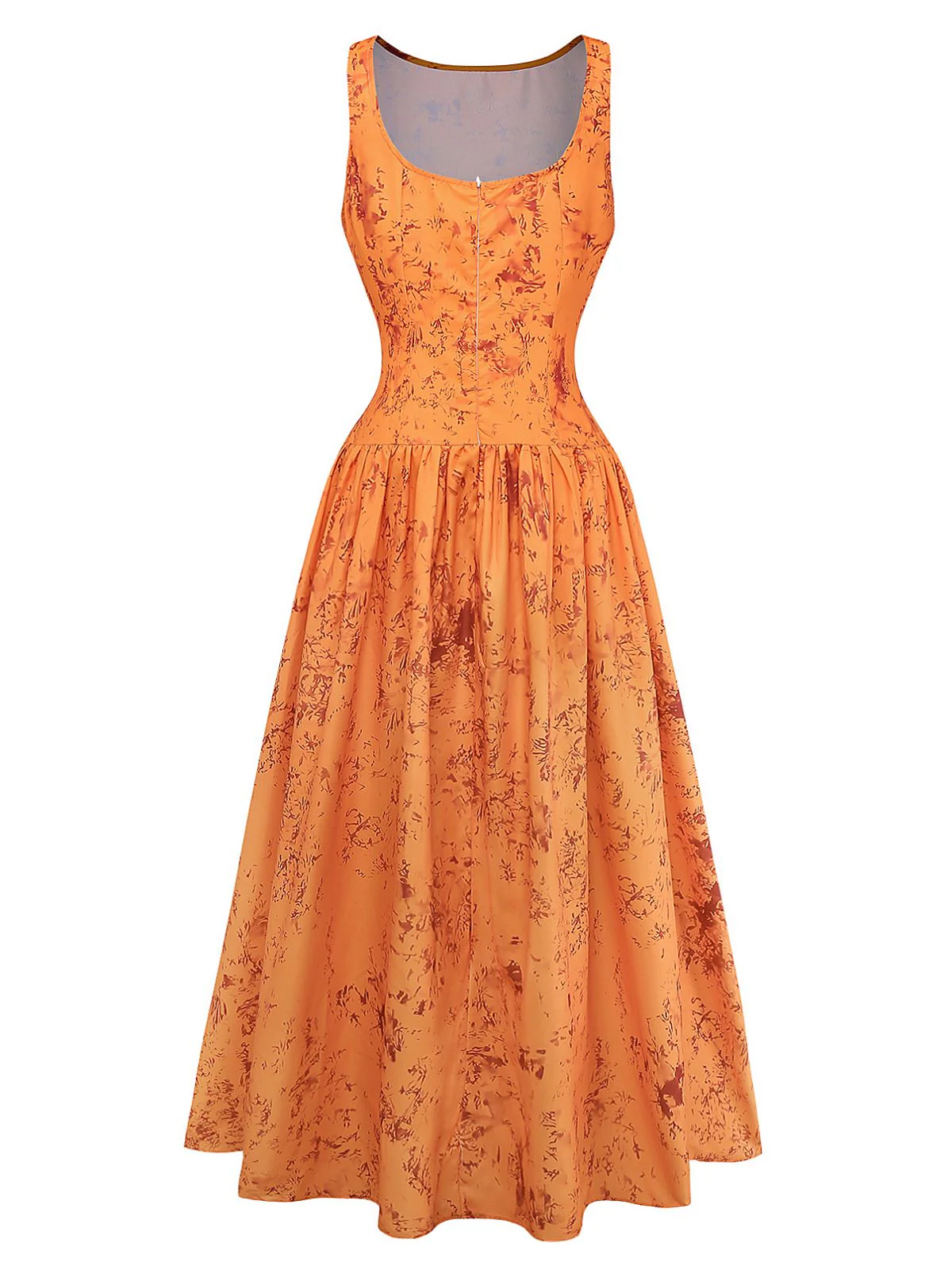 Orange 1930s Cotton Sleeveless Printed Fitted Dress - Image 3