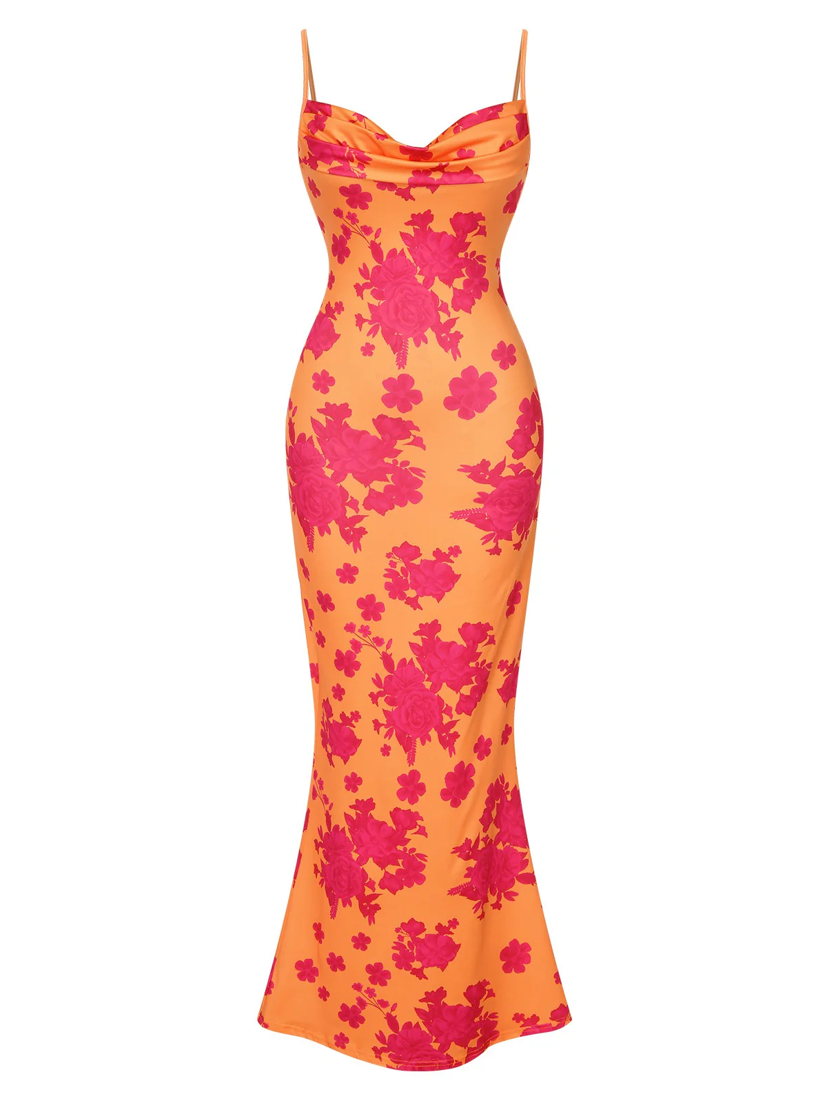 Orange 1930s Floral Cowl Neck Fishtail Dress - Image 2