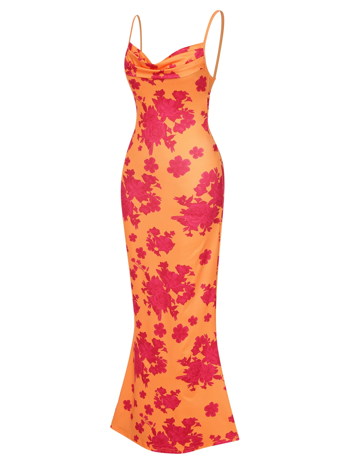 Orange 1930s Floral Cowl Neck Fishtail Dress - Image 3