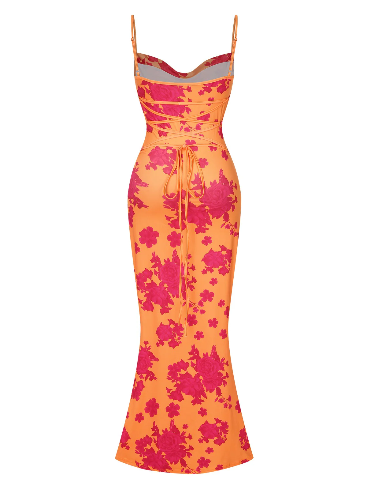 Orange 1930s Floral Cowl Neck Fishtail Dress - Image 4