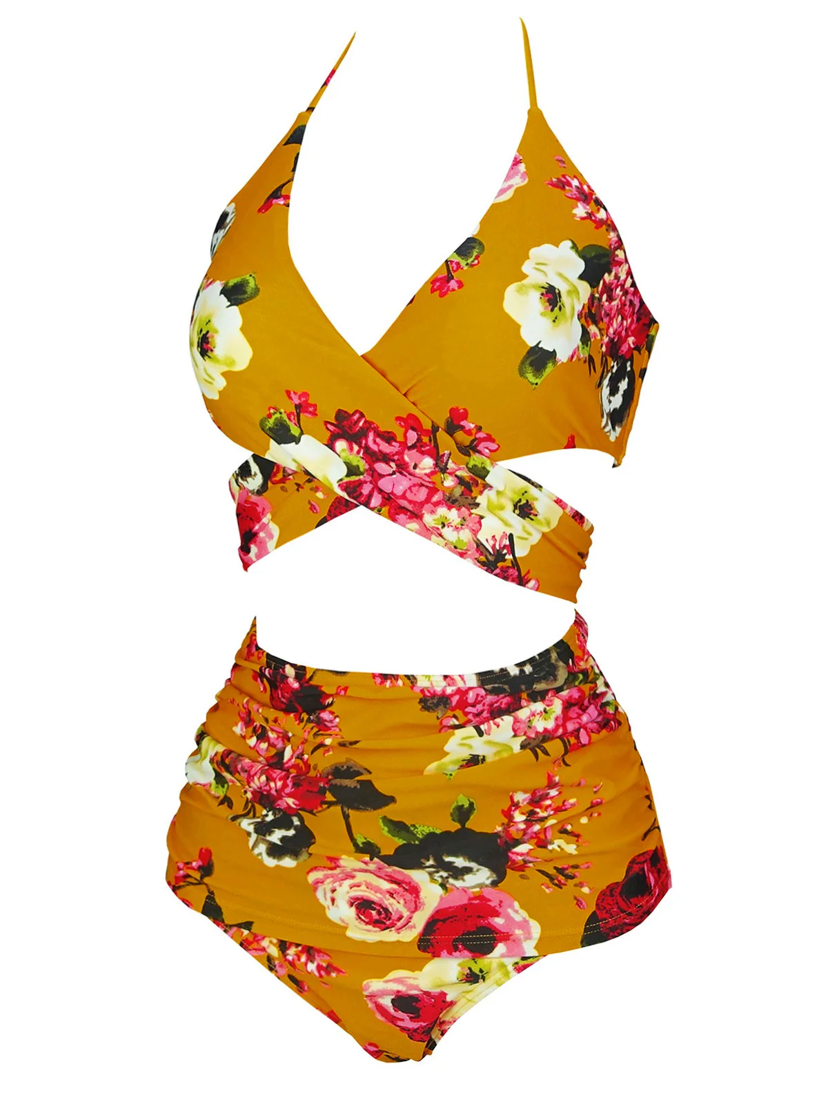 Orange 1930s Floral Cross Bind Halter Swimsuit - Image 2