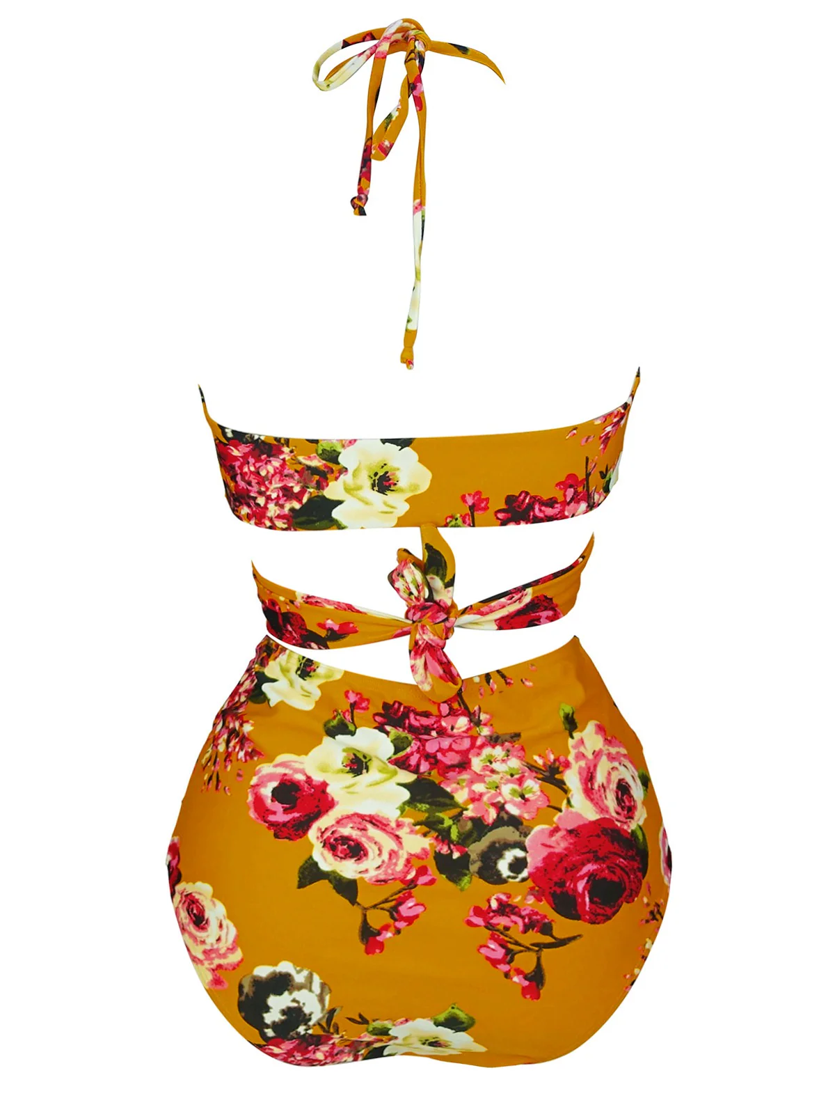 Orange 1930s Floral Cross Bind Halter Swimsuit - Image 3