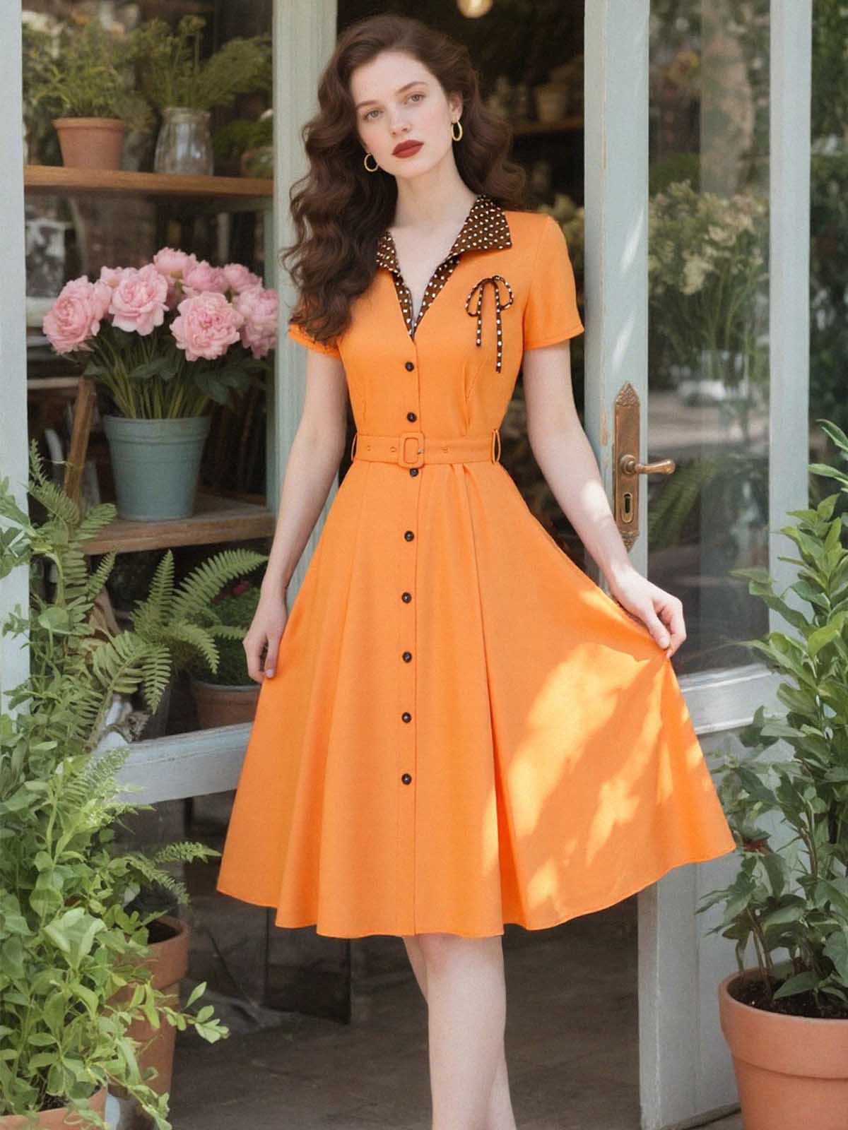 Orange 1940s Cotton Polka Dot Lapel Bow Dress - Image 2