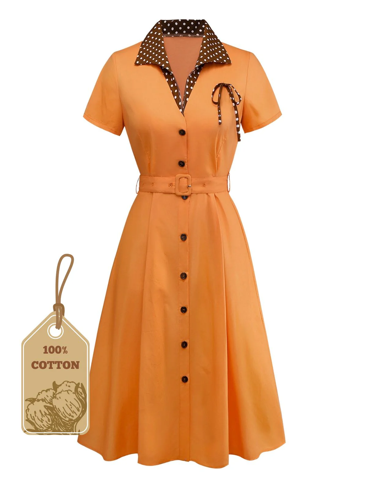 Orange 1940s Cotton Polka Dot Lapel Bow Dress - Image 3