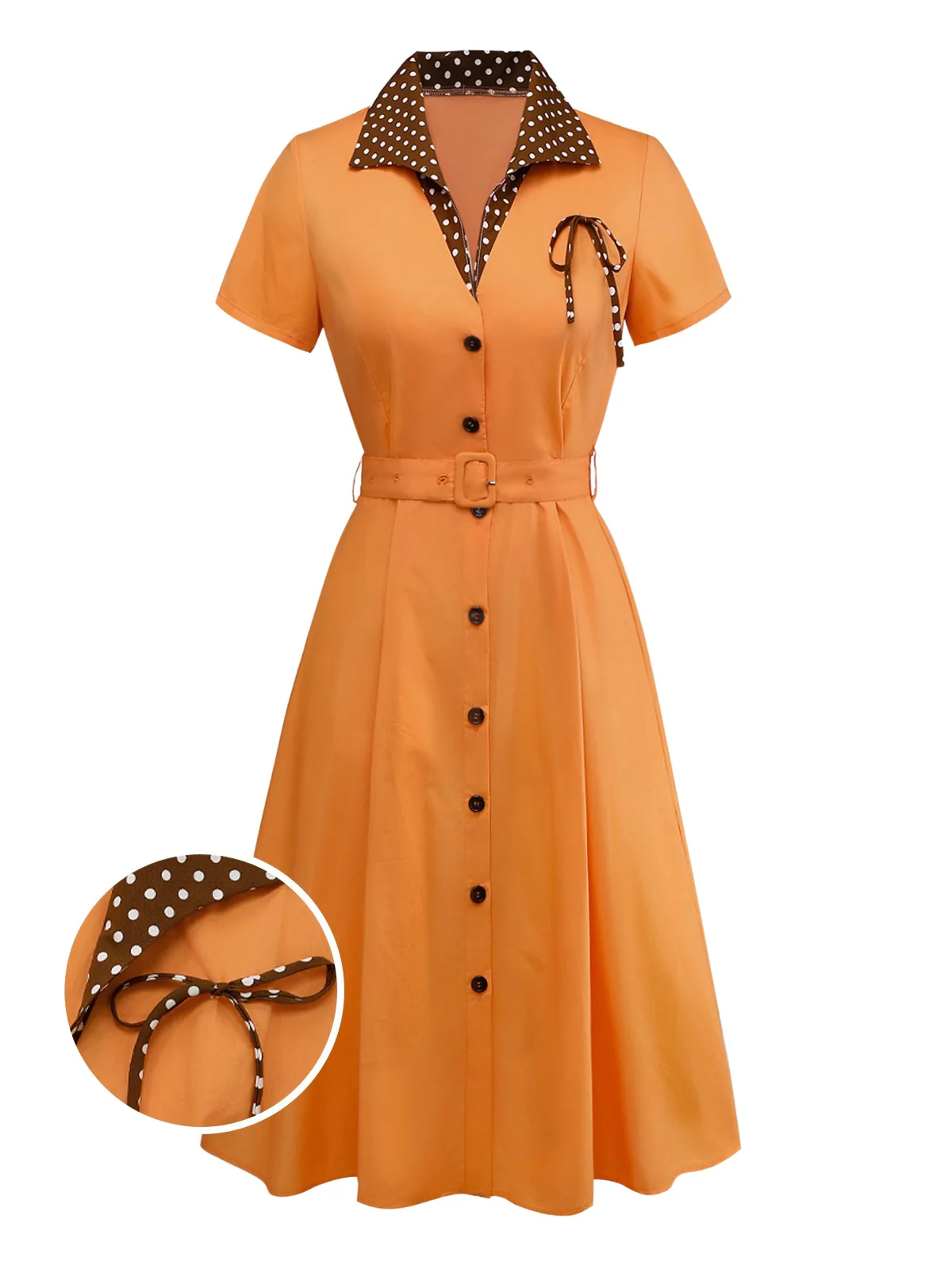 Orange 1940s Cotton Polka Dot Lapel Bow Dress - Image 4