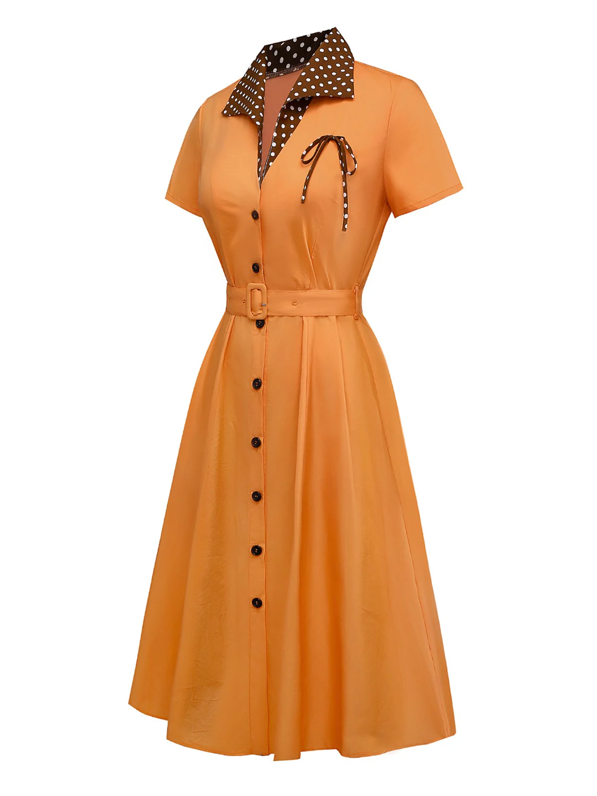 Orange 1940s Cotton Polka Dot Lapel Bow Dress - Image 5
