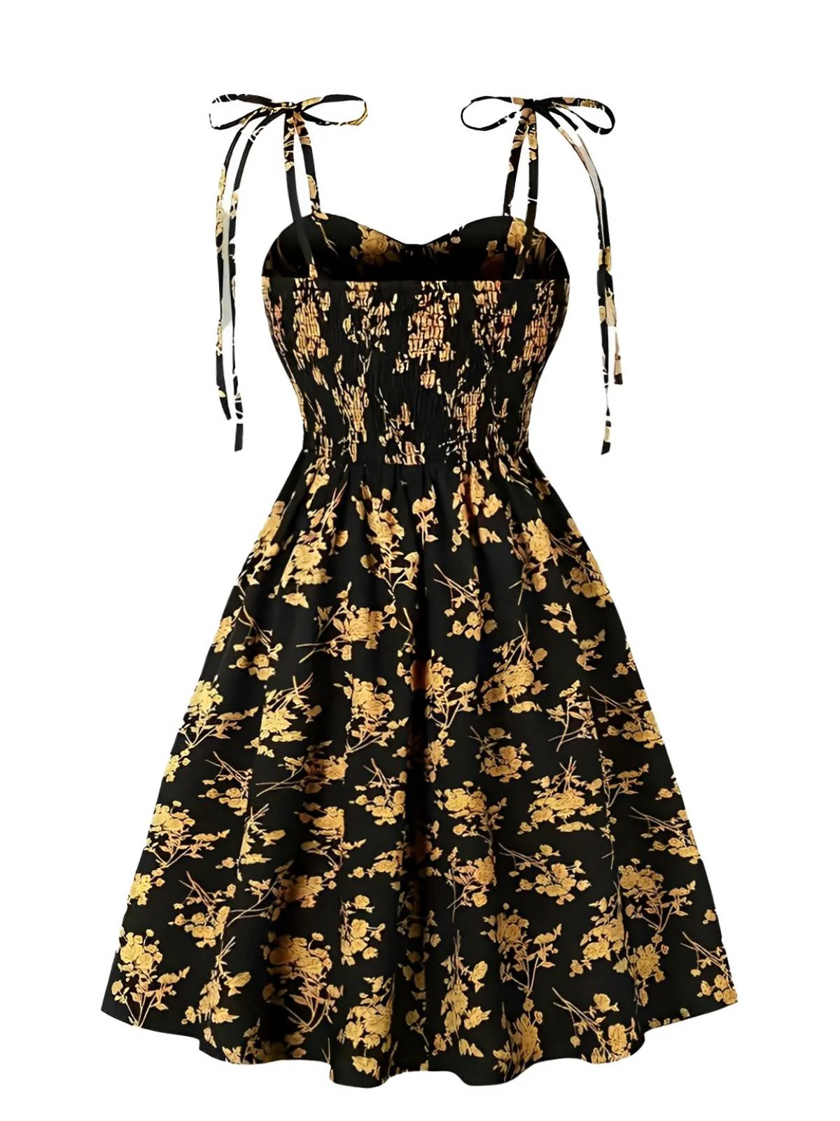 [Plus Size] Orange 1940s Ditsy Floral Spaghetti Strap Lace-Up Dress - Image 2