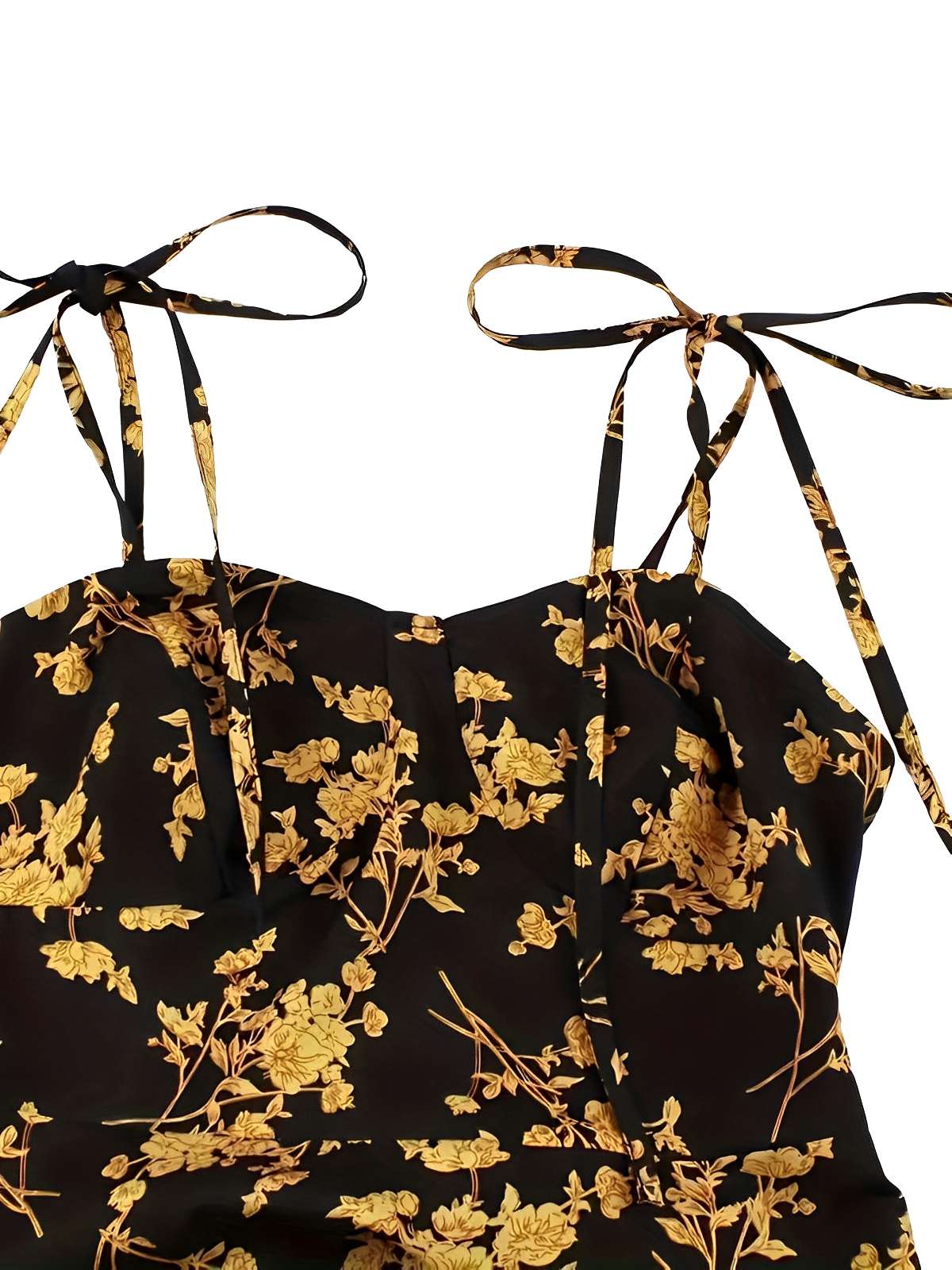 [Plus Size] Orange 1940s Ditsy Floral Spaghetti Strap Lace-Up Dress - Image 4