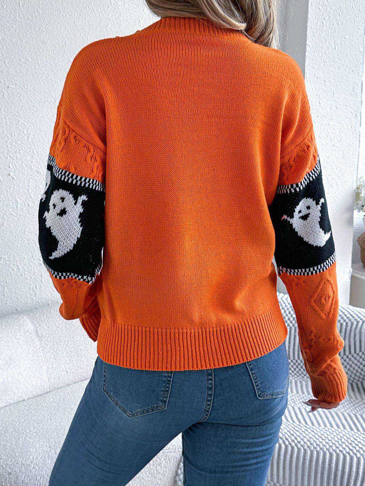 Orange 1940s Halloween Ghost Knit Sweater - Image 2