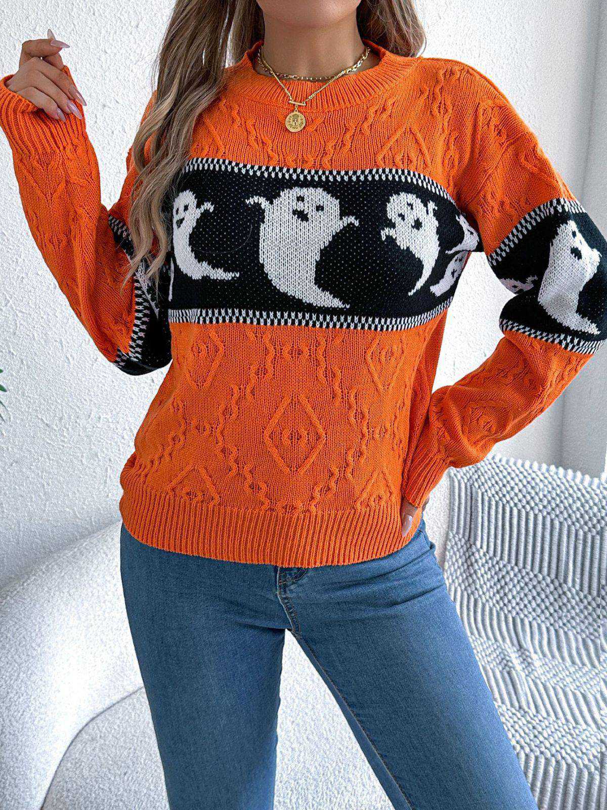 Orange 1940s Halloween Ghost Knit Sweater - Image 3